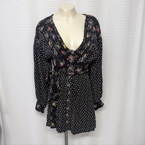 Free People Wonderland Black Multi-Color Floral Long Sleeve Mini Dress - Picture 2 of 16